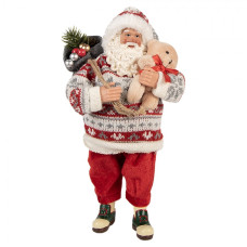 Vánoční figurka Santa Claus v norském svetru s nůší ozdob a medvídkem – 13x10x28 cm