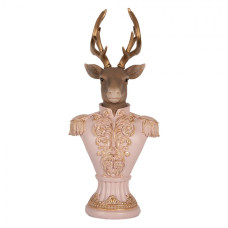 Růžová dekorace busta jelena ve vojenské uniformě – 16x10x37 cm