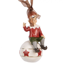 Vánoční závěsná dekorace veselý elf na červeno-bílé ozdobě – 5x5x10 cm