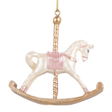 Závěsná vánoční ozdoba houpací koník s růžovým sedlem – 8x2x7 cm