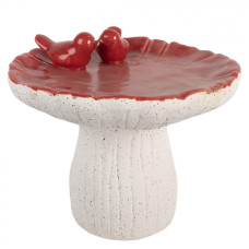 Cementová dekorace houba s červenou glazurou a dvěma ptáčky L – 25x21 cm