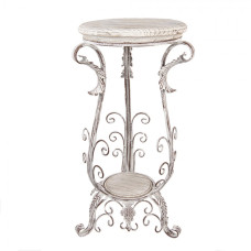 Bílý kovový stolek na květiny s motivem listů a vintage patinou – 37x75 cm