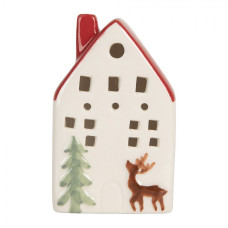Bílo-červený keramický domeček s jelenem a LED světýlkem Boekend IV M – 6x6x10 cm