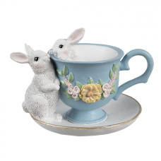 Dekorace modrý hrnek se zamilovanámi králíčky – 13x16x12 cm