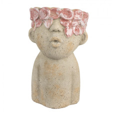 Cementový květináč hlava s květinami s růžovou glazurou Tete M – 16x15x25 cm