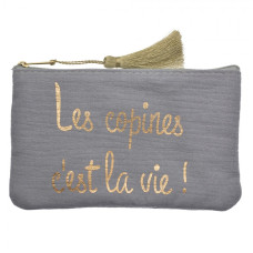 Šedomodrá kosmetická taštička se střapcem a nápisem Les Copines C’est la vie – 17x11 cm