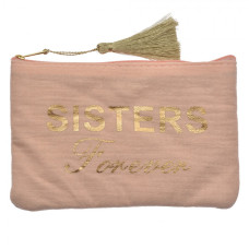 Růžová kosmetická taštička se střapcem a nápisem Sisters forever – 17x11 cm