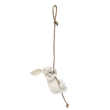 Závěsná dekorace bílý textilní zajíček šplhající po laně – 8x9x16/50 cm