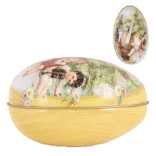 Velikonoční kovová dekorace žluté vajíčko se zajíčkem hudebníkem – 7x11x7 cm