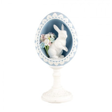 Velikonoční dekorace modré vajíčko s bílým zajíčkem na vysoké noze – 11x9x21 cm