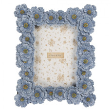 Modrý fotorámeček s plastickými květinami Trudie – 22x3x27 cm na fotografii 13x18 cm