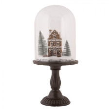 Vánoční dekorace perníkový domeček pod skleněným poklopem na hnědém podstavci – 18x36 cm