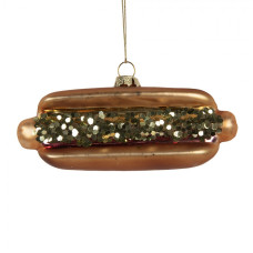 Skleněná vánoční ozdoba párek v rohlíku s flitrovou hořčicí – 13x4x6 cm