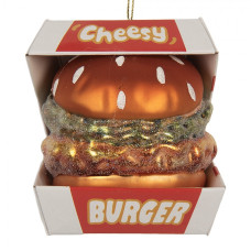 Skleněná vánoční ozdoba hamburger v papírovém obalu – 7x7x8 cm