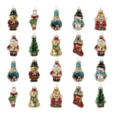 Sada 20 skleněných vánočních ozdob s různými motivy v mini velikosti – 28x20x4 cm