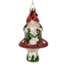 Červeno-zelená skleněná vánoční ozdoba trpaslík na houbičce muchomůrce – 7x6x13 cm
