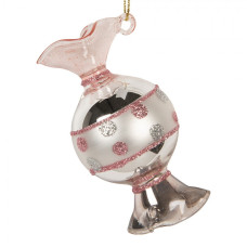 Růžovo-stříbrná skleněná vánoční ozdoba bonbon s puntíky – 4x8 cm