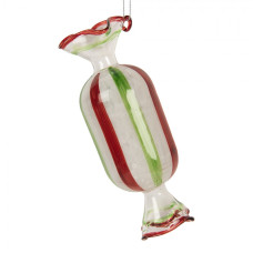 Červeno-zelená skleněná vánoční ozdoba bonbon s proužky – 5x13 cm