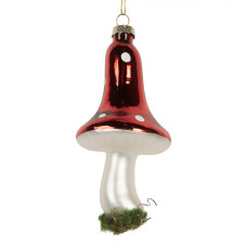 Skleněná vánoční ozdoba houbička muchomůrka s mechem – 6x12 cm