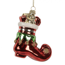 Červeno-zelená skleněná vánoční ozdoba elfí bota s dárky – 9x4x10 cm