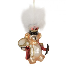 Skleněná vánoční ozdoba medvídek s bubínkem a peříčkovým kokrhelem – 9x5x12 cm