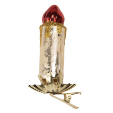 Béžovo-červená skleněná vánoční ozdoba ve tvaru svíčky – 5x4x9 cm