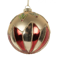 Zlato-červená skleněná vánoční ozdoba s motivem cesmíny – 8x8 cm