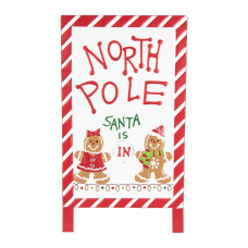 Červeno-bílá kovová vánoční cedule North Pole Santa is IN / OUT – 29x16x51 cm