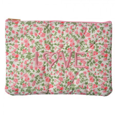 Růžovo-zelená kosmetická taštička s květy a nápisem Love – 22x1x16 cm