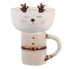 Vánoční keramický hrnek s miskou ve tvaru jelena béžovo-červený Moer – 12x12x18 cm