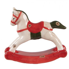 Keramická dekorace červeno-bílý houpací koník s patinou Moer – 12x4x11 cm