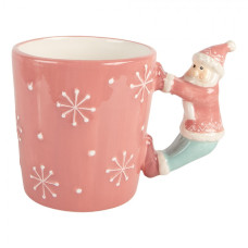 Růžový vánoční keramický hrneček se skřítkem na oušku – 15x7x11 cm