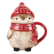 Vánoční keramický hrneček s pokličkou tučňáček s červenou šálou a čepicí – 15x11x17 cm