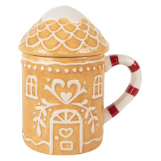Vánoční keramický hrneček perníkový domeček s pokličkou světle hnědý – 13x10x15 cm