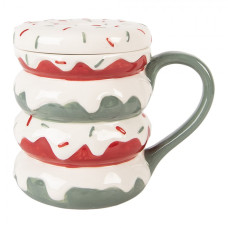 Zeleno-červený keramický hrneček s pokličkou ve tvaru donutů s polevou – 15x10x12 cm