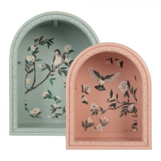 Sada 2 pastelových dřevěných poliček s motivem ptáčků Vogelzang – 30x16x40 / 24x14x30 cm