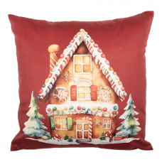 Červený vánoční povlak na polštář s perníkovým domečkem – 45x45 cm