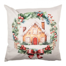 Béžový vánoční povlak na polštář s perníkovým domečkem a věncem – 45x45 cm
