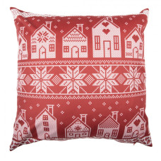 Červený vánoční povlak na polštář s norským vzorem s domečky – 45x45 cm