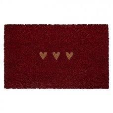 Tmavě červená kokosová rohožka se 3 srdíčky – 75x45x1 cm