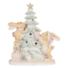 Pastelová vánoční dekorace zajíčci u stromečku s LED osvětlením – 14x8x16 cm
