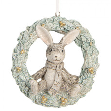 Závěsná pastelová vánoční dekorace zajíček ve věnci z chvojí – 8x3x8 cm