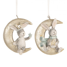 Závěsná pastelová vánoční dekorace zajíčci sedící na srpku měsíce (sada 2 ks) – 7x3x8 cm