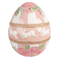 Dekorace růžovo-bílé pruhované vajíčko se zajíčky – 38x46 cm