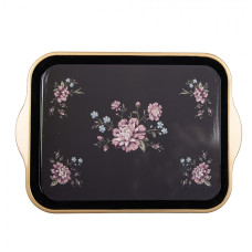 Černý tác se zlatými okraji a květy Adri I – 38 x 27 x 2 cm