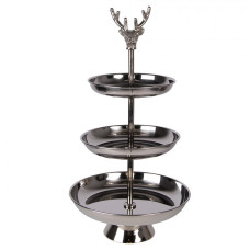Třípatrový stříbrný etažér s hlavou jelena – 25x48 cm