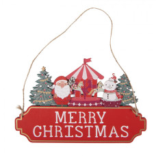 Vánoční závěsná cedulka Santa Claus, kolotoč a sněhulák – 21x1x14 cm