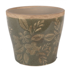 Béžový keramický květináč s květy v šedozelené glazuře Gedeuk M – 12x11 cm