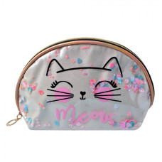 Stříbrná veselá kosmetická taštička s kočičkou Meow – 22x8x14 cm