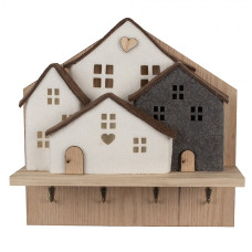 Hnědo-bílý dřevěný nástěnný věšák se 4 háčky domeček – 40x13x40 cm